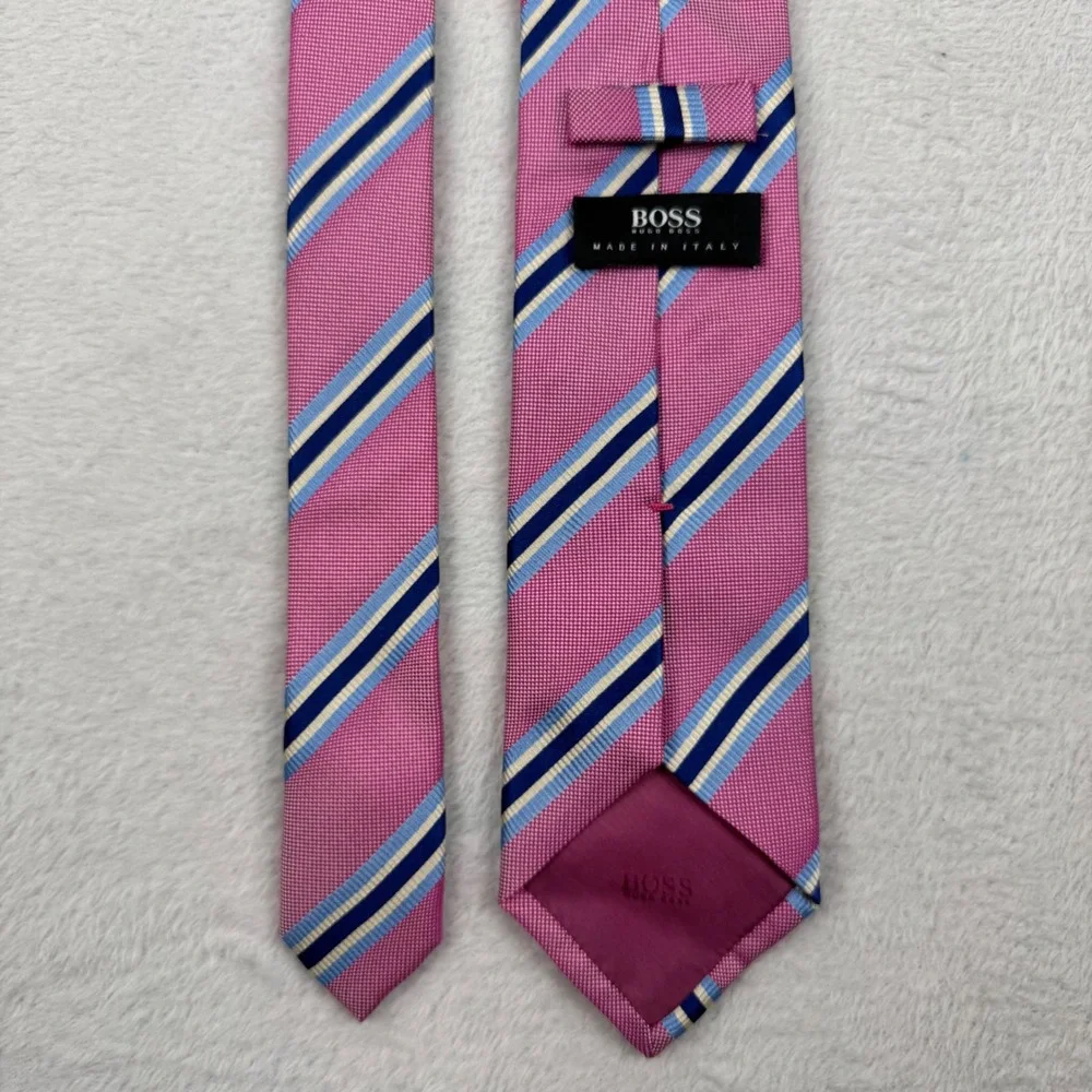 BOSS Hugo Boss Silk Tie Mens One Size Pink Navy Blue Striped Made in Italy